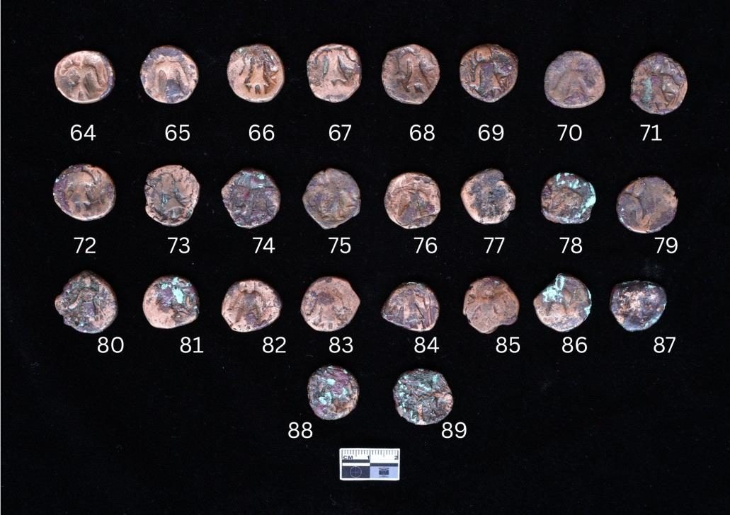 A tray of copper coins from Bahaj