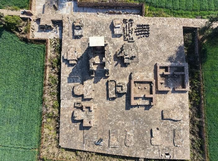 Aerial view of excavated temple foundations at Rajorgarh